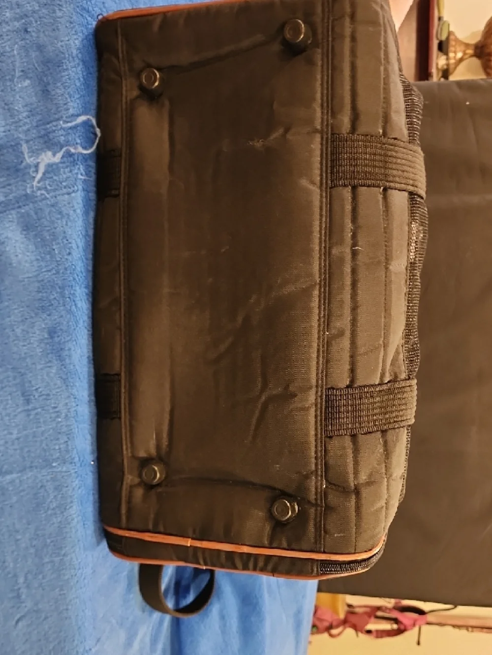 Sherpa Medium Black Quilted Pet Carrier Bag with Brown Trim